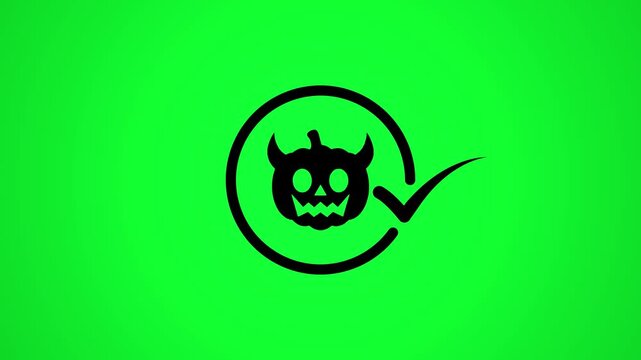 A motion graphic animation of a halloween pumpkin with horns inside a black circle with a check mark on a green screen.