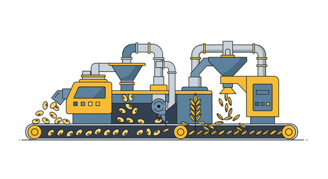 Advanced industrial food processing machine efficiently moves seeds along a conveyor belt using complex piping and hoppers in a modern factory setting.