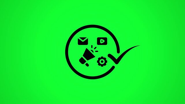 Digital marketing strategy animation with megaphone and social media icons on green screen background.