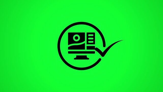 Desktop computer setup process with animated checkmark on green screen, technology concept motion footage.