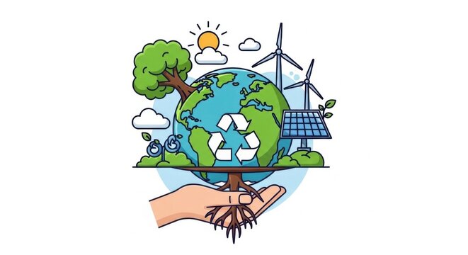 Hand Holding Earth with Sustainable Energy Symbols and Nature Elements