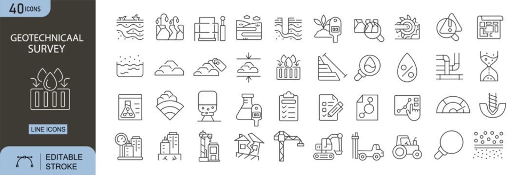 Geotechnical survey icons set representing soil testing, land analysis, construction planning, engineering survey, ground study and site inspection . Editable Stroke.