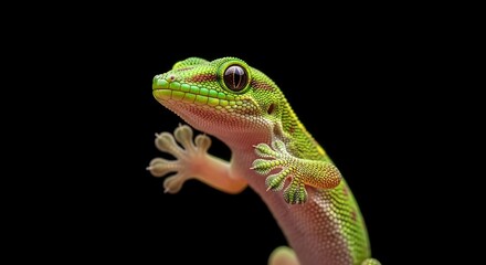 Fototapeta premium Vibrant Green Gecko on Black Background - A Detailed Macro Shot.