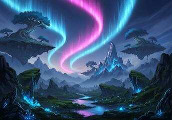Fototapeta premium Fantasy landscape with floating islands under a vibrant aurora borealis display