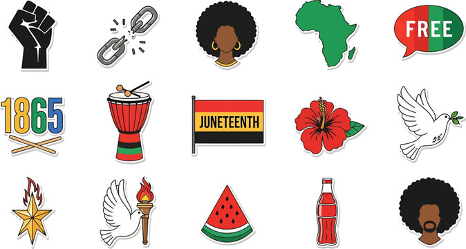 Diverse collection of Juneteenth celebration icons and symbols vector illustration set, representing freedom and African American culture.