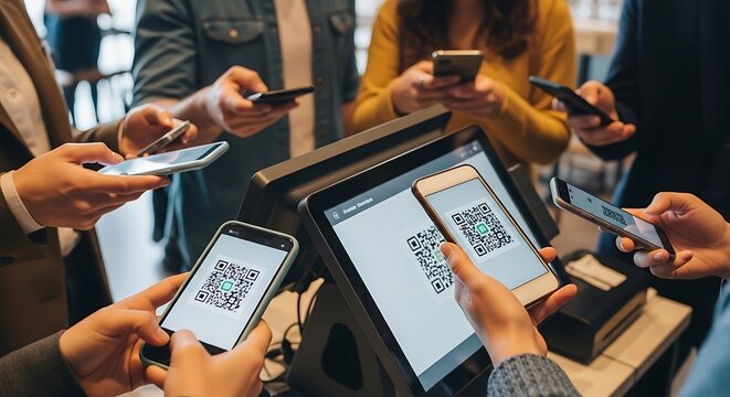 People using smartphones with qr codes for transactions at a counter