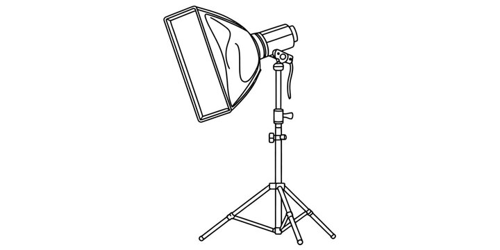 A simple black and white line drawing of a professional studio lighting equipment with softbox