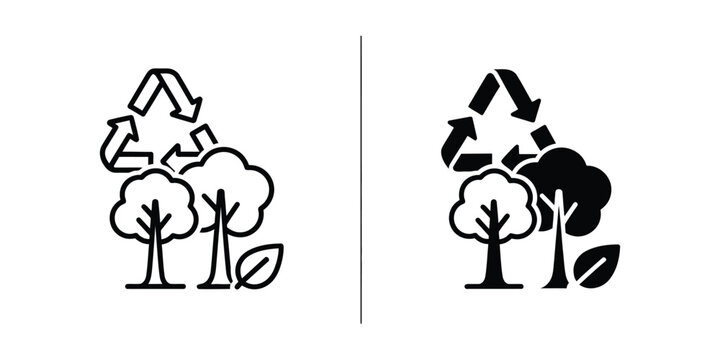 Recycle symbol with trees and leaf black and white set