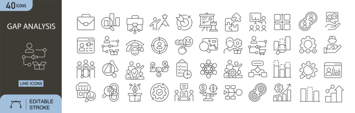Gap analysis icons set representing comparison, performance gap, evaluation, strategy planning, improvement and business analysis. Editable Stroke.
