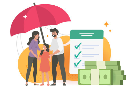 Family financial planning benefit, money budget insurance protection concept icon modern graphic illustration drawn cartoon, parents with kid covered under umbrella near checklist currency clip art
