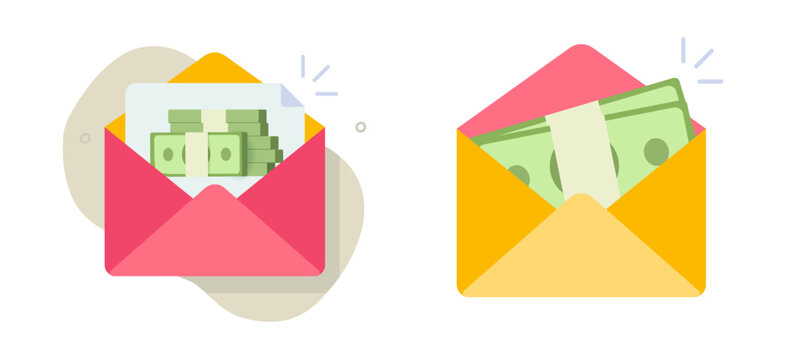 Money cash in envelope as bonus salary gift icon modern minimal graphic illustration set, concept of illegal bribe or corruption profit, email mail currency reward prize image clip art

