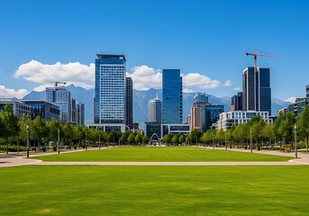 Obraz premium Modern city skyline with green park and blue sky background