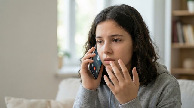 Southern European teenage girl reacting to suspicious vishing call