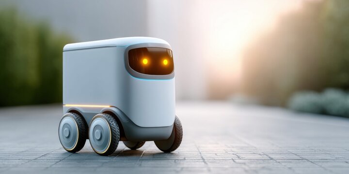 Autonomous delivery robot with glowing orange eyes navigates a paved path outdoors