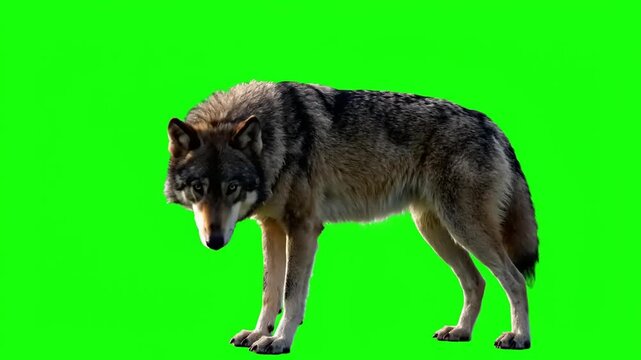 A majestic grey wolf stands with a watchful posture, isolated on a vibrant green screen, perfect for compositing into diverse wildlife video projects and captivating nature designs