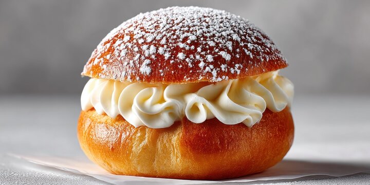 Delicious semla bun with whipped cream and powdered sugar, a traditional Swedish pastry delight