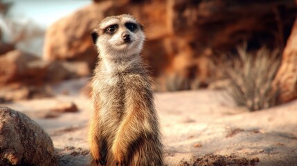 Fototapeta premium Alert meerkat standing upright in desert landscape, scanning its surroundings for danger