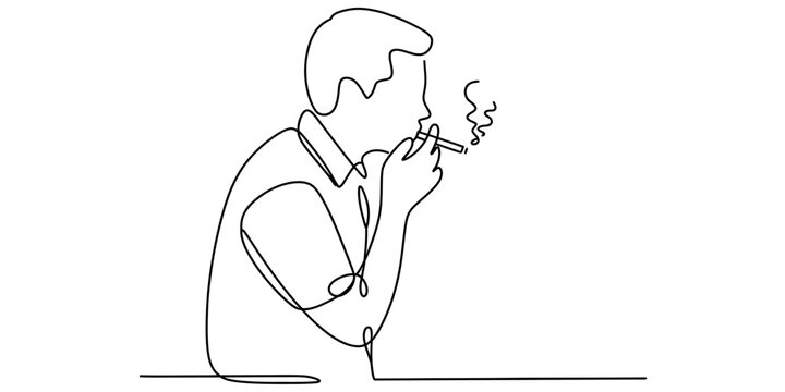 A minimalist single line drawing of a person smoking a cigarette isolated on a white background