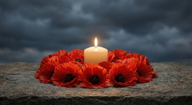 Memorial candle surrounded by red poppies on stone with dark sky, remembrance concept, honoring fallen soldiers, veterans tribute, ANZAC Day, memorial background
