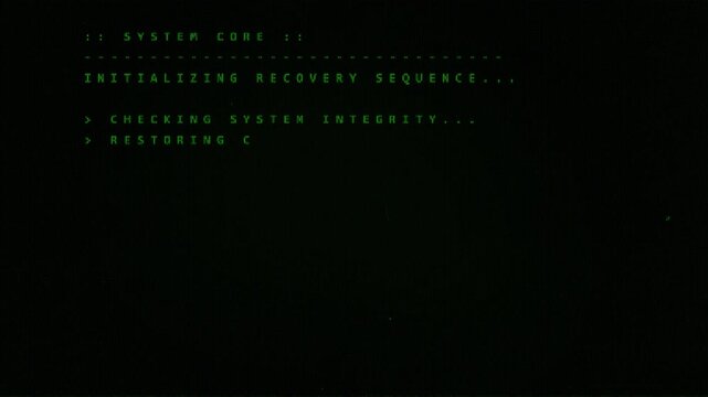 Retro computer system screen rebooting animation. Computer initiate rebooting DOS warning text information. system recovery unsuccessful error code retro vintage. 4k