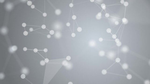 Clean sophisticated seamless loop animation of glowing silver and gray bokeh particles and precise plexus lines. High-tech abstract background for science, clean tech, and corporate themes.