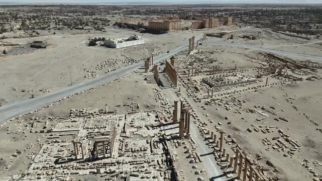 High-angle perspective of the UNESCO-listed archaeological site of Palmyra, showcasing classical history