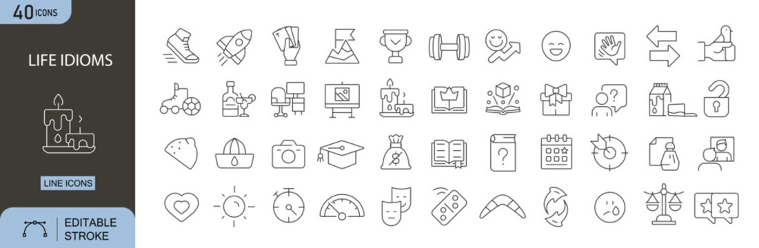Life idioms icons set representing expressions, language learning, communication, phrases, understanding and creative thinking. Editable Stroke.