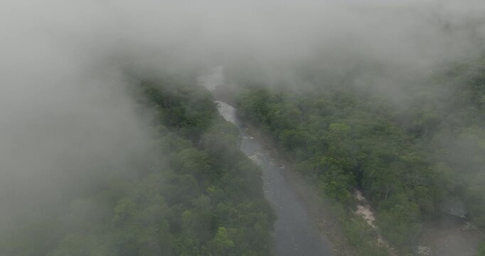 Misty Clouds Revealed Tropical Forest Through The Churun River In Canaima National Park, Venezuela. Aerial Shot