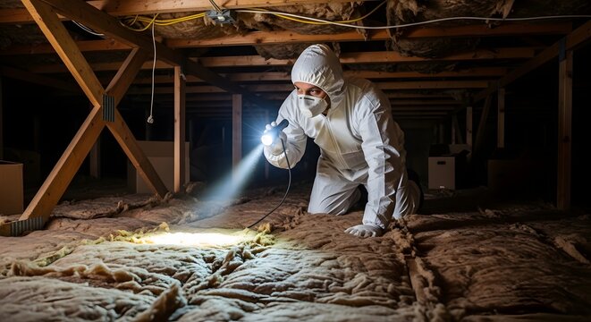 Professional in protective suit inspecting dark attic insulation with flashlight, checking for hazards or damage in confined space