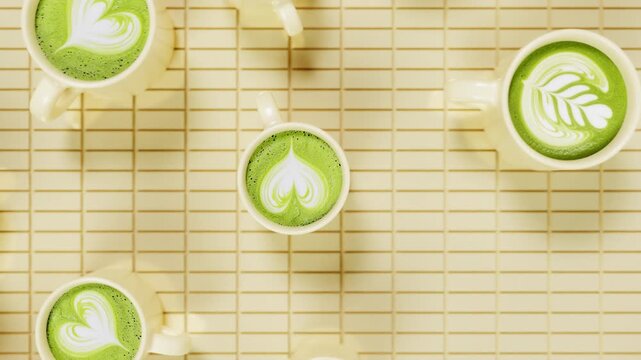 Horizontal matcha latte art tea green cup beverage cafe drink pattern ceramic tile, manual realistic 3D render loop animation, Japanese menu coffee house banner promo template cover wellness organic