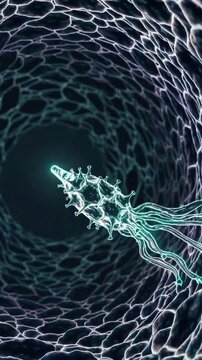 Neon microagent navigating tubular tissue tunnel, closeup animation of motile organism with trailing appendages, luminal surface texture, directional propulsion, exploration theme for medical