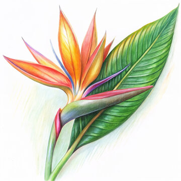 Heliconia flower, semi-realistic botanical painting, vibrant tropical colors, detailed bracts and leaves, soft light, natural shadow, clean white background, high detail, elegant composition, PNG