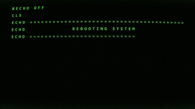 Computer screen animation initiated rebooting DOS warning text information system. command line vintage green display. 4k video