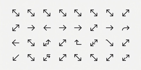 Set of various arrow icons indicating direction and movement on a plain background