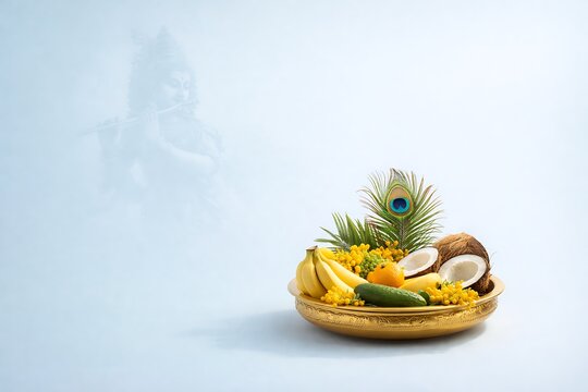 South Indian New Year Vishu concept with Vishukkani arrangement, fresh harvest offerings, and soft studio lighting on minimal background for greeting cards and posters
