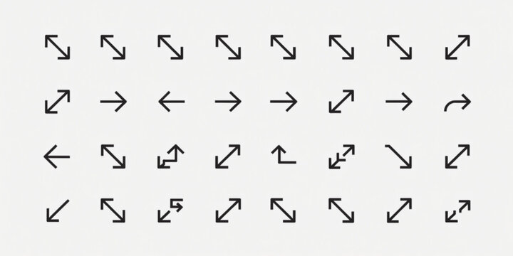 Set of various arrow icons indicating direction and movement on a plain background