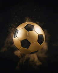 Naklejka premium Golden soccer ball with dust explosion on dark dramatic background