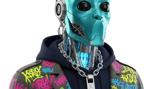 A futuristic robot wearing a graffiti hoodie and chain necklace stands indoors with a metallic face and colorful attire in a modern setting with ajar accessories.