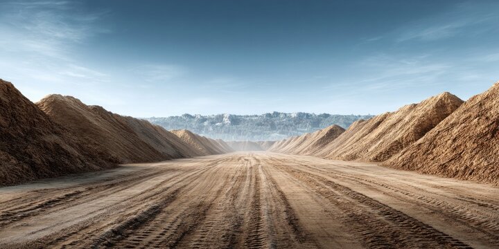 Vast construction site with large piles of excavated dirt and tire tracks on the ground