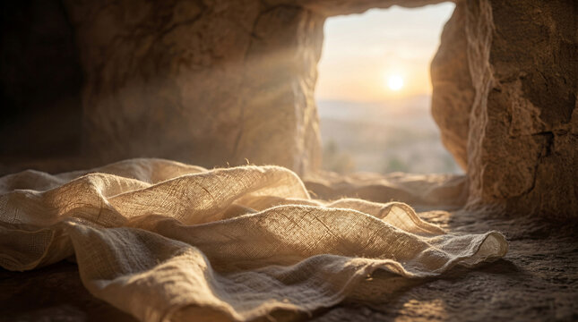 Empty tomb on Easter morning with burial shroud and sunrise &mdash; biblical resurrection scene
