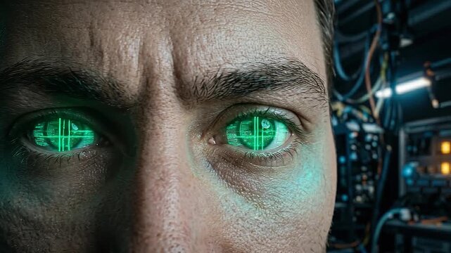 Future human workforce integrated cybernetic eye glowing green close up portrait with digital interface and closed lashes suggesting determination