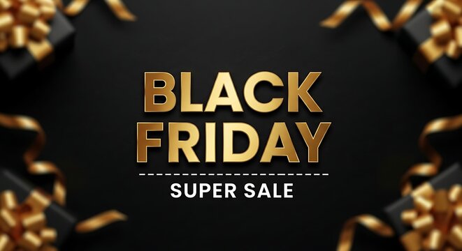 Black friday super sale golden text on a dark background with confetti