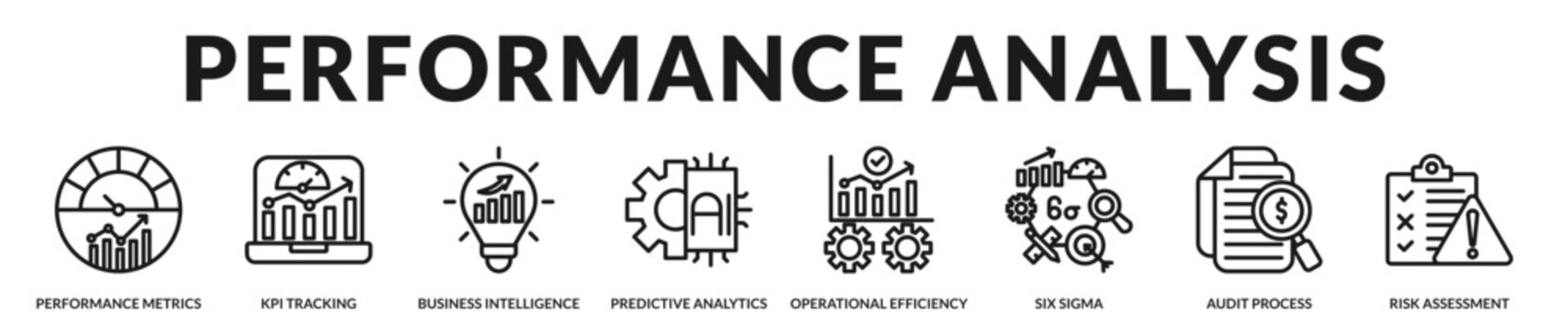 Analytical tools and metrics used to evaluate performance, track goals, and improve business outcomes in Lineal Icon Style