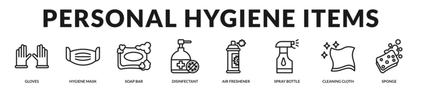 Personal hygiene items used for protection, sanitation, and daily cleanliness in Lineal Icon Style