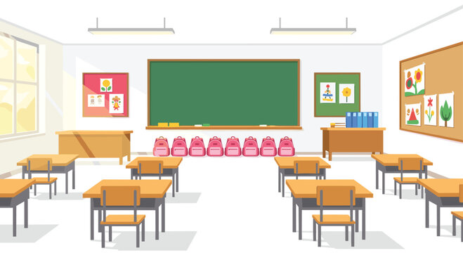 A tidy and empty classroom featuring rows of wooden desks and chairs facing a large green chalkboard with colorful educational posters displayed on the walls.