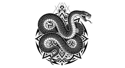Fototapeta premium Detailed illustration of a snake coiled around a mandala design