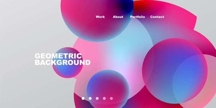 Abstract design features overlapping colorful circles. Text includes geometric background, menu options, pagination dots. Modern, vibrant aesthetic.