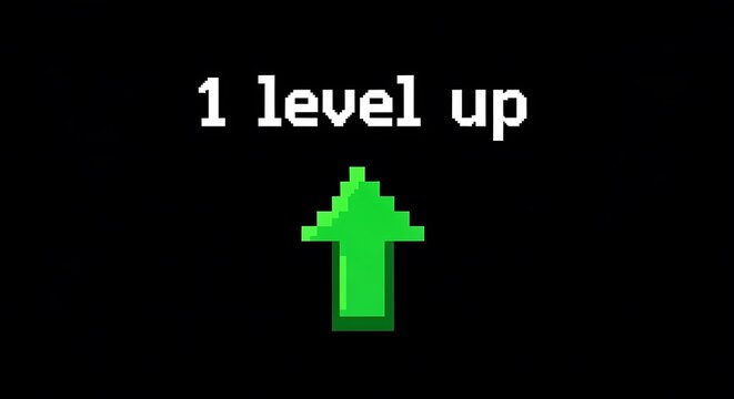 Pixelated green arrow and text announce level up on dark background