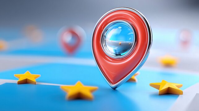 3D rendering of a red location pin with stars on a blue map background