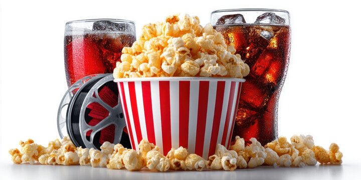 Classic movie night essentials: popcorn, soda, and film reel on white background